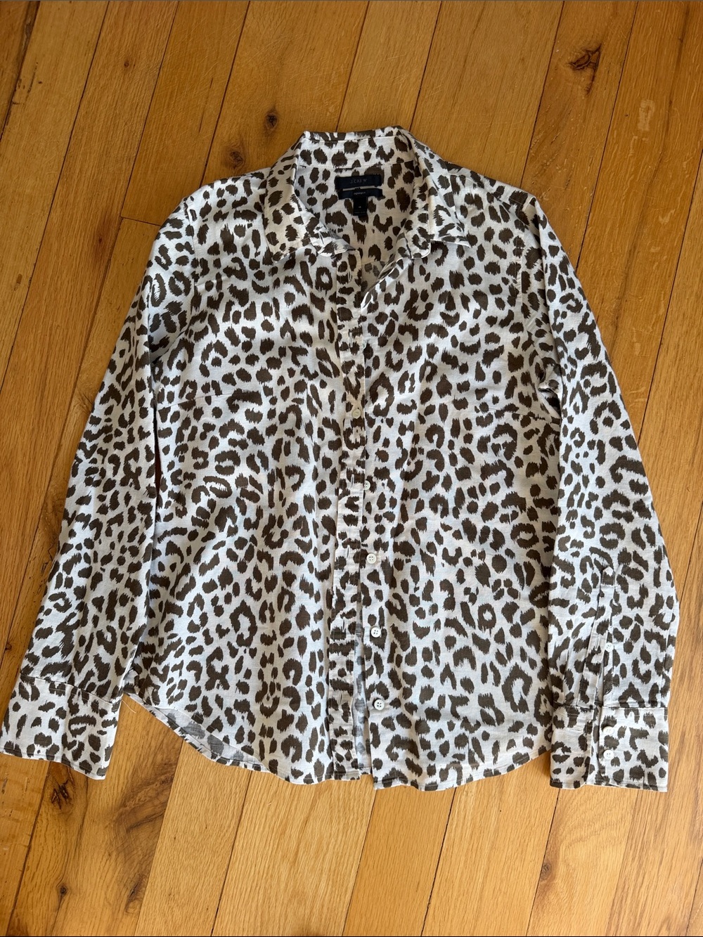J. Crew White Shirt with Brown Leopard Print Button-Down Size Small - C69-039